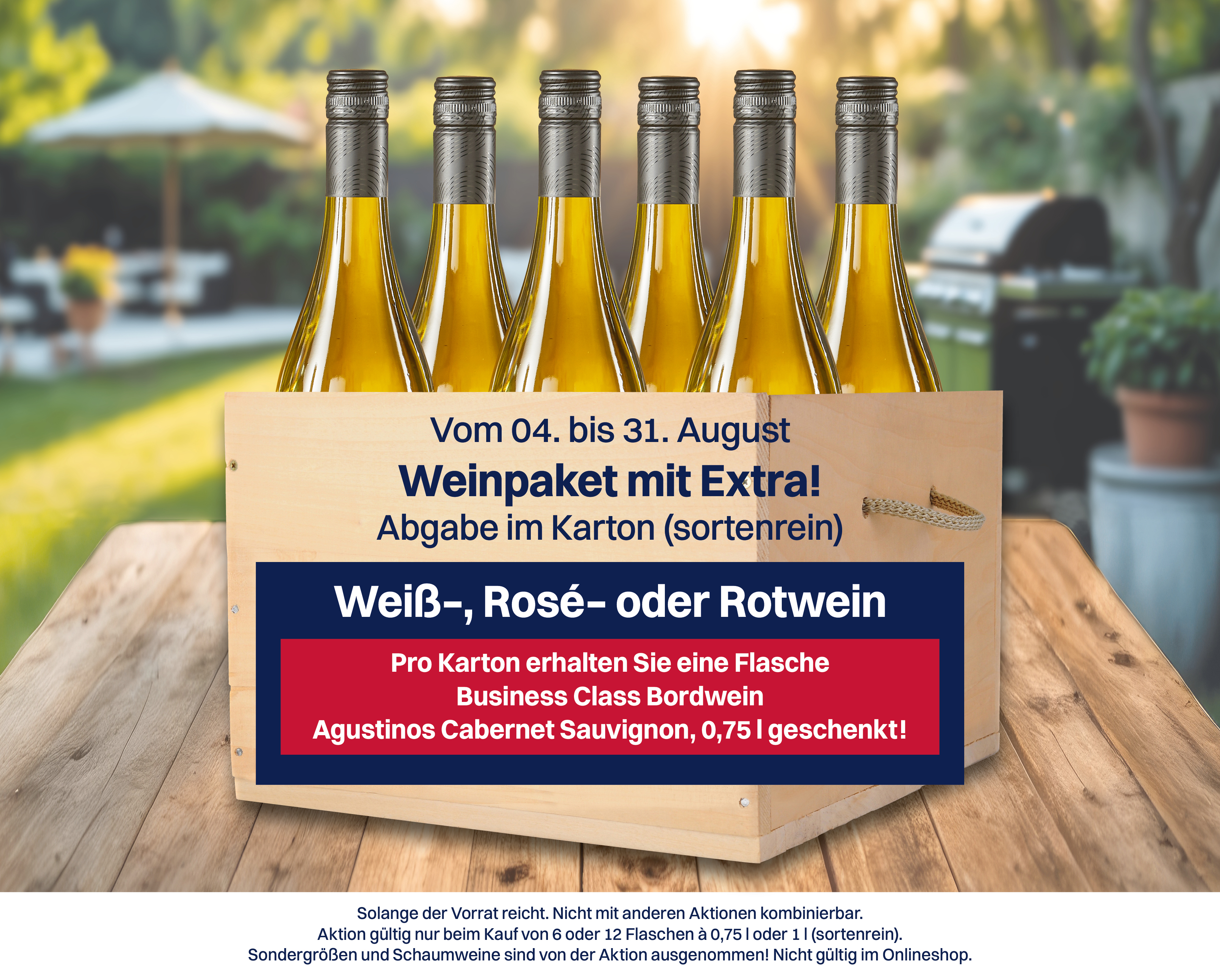 1 Karton Wein (6 Flaschen) sortenrein kaufen plus eine Flasche Wein geschenkt. 