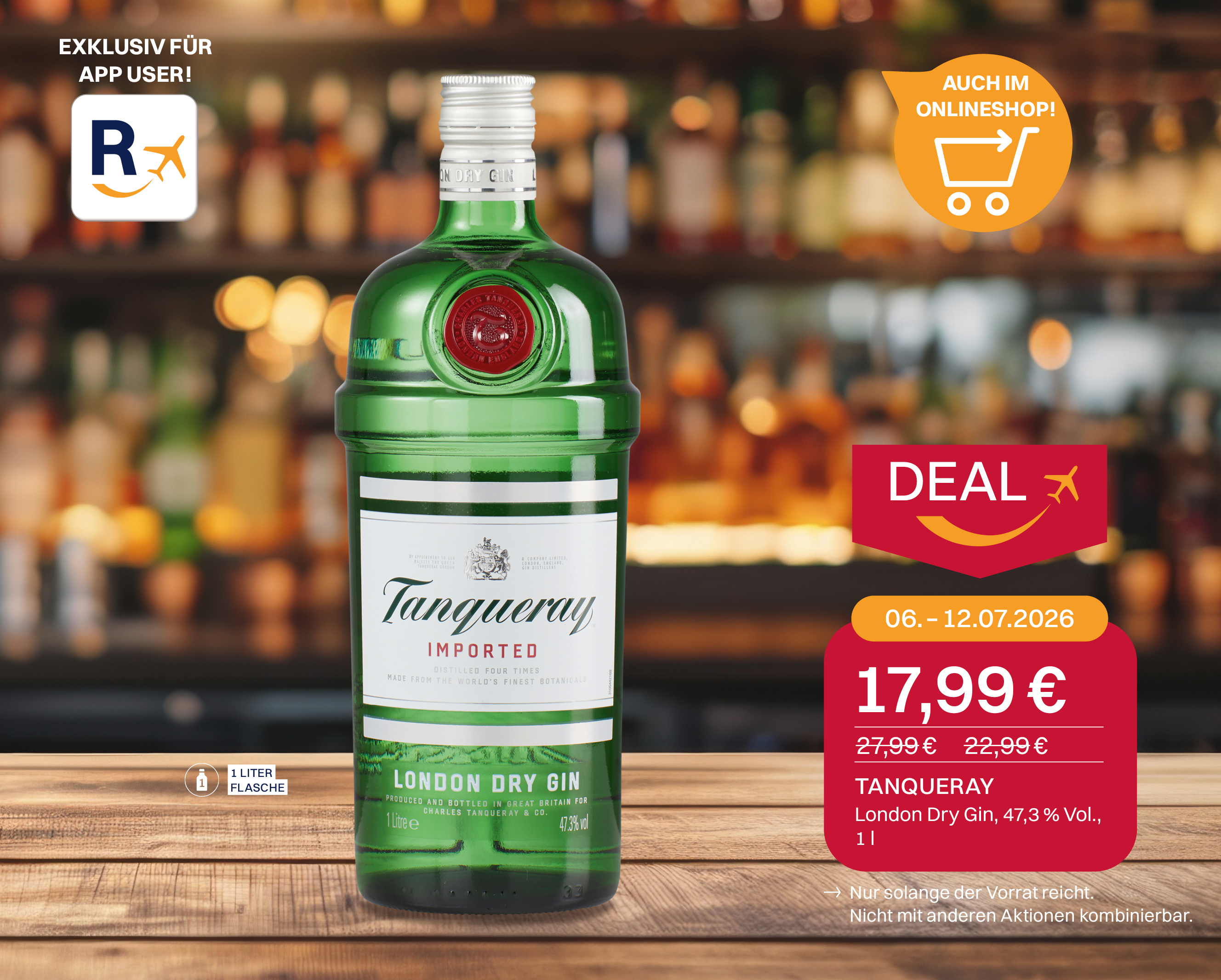 Bild: Tanqueray London Dry Gin 47.3% Vol 1 Liter Flasche