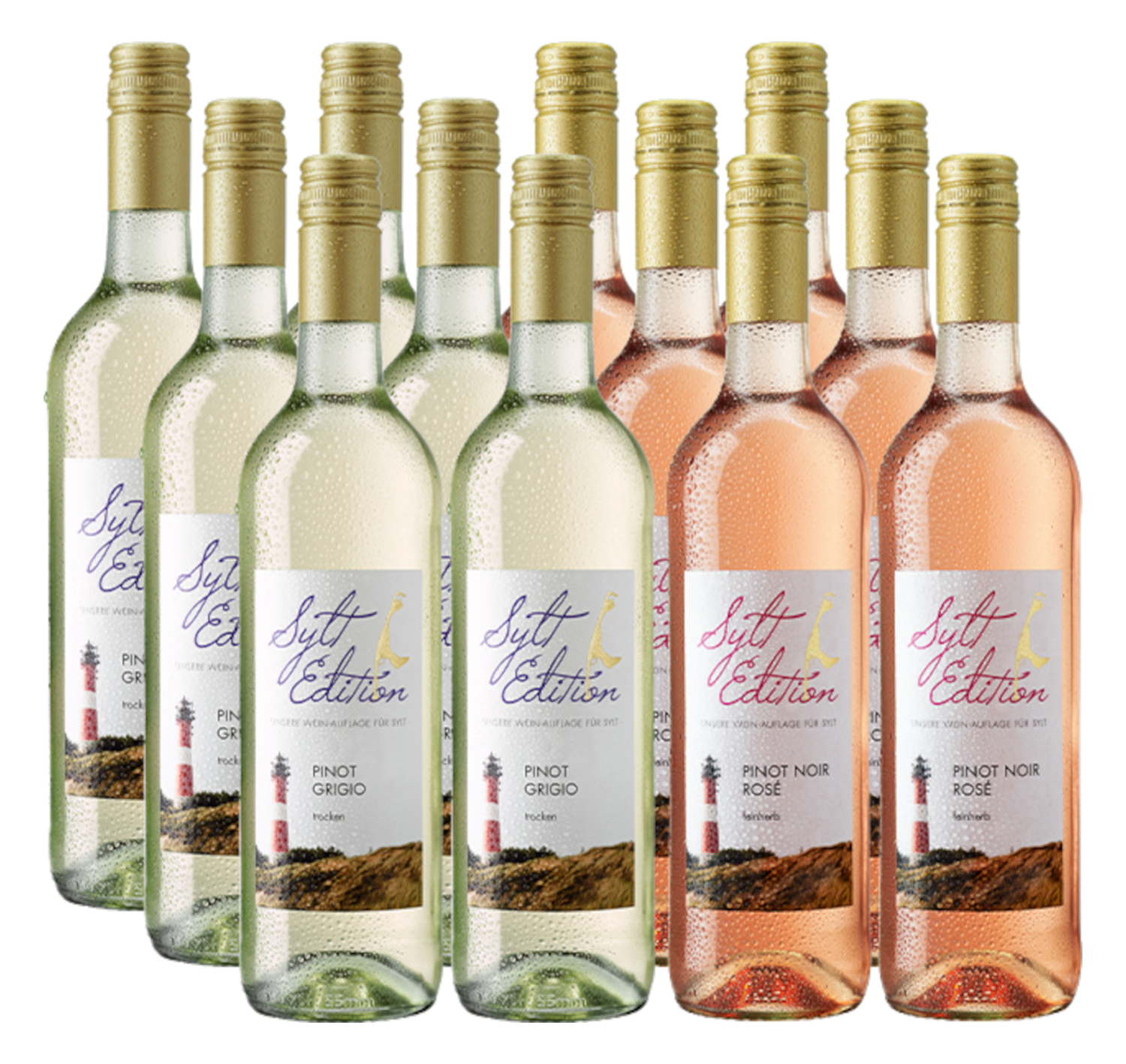 Sechs Flaschen Roséwein und sechs Flaschen Weißwein aus Sylt, ansprechend angeordnet, mit...