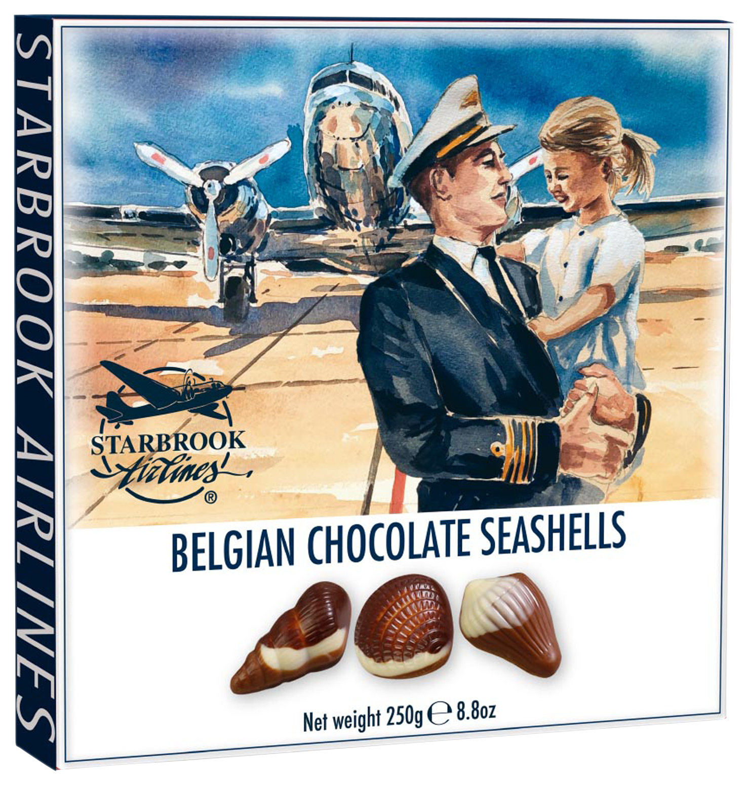 250g belgische Schokoladenseehäuschen, verpackt mit einem nostalgischen Motiv eines Piloten und Kindes vor einem Flugzeug.